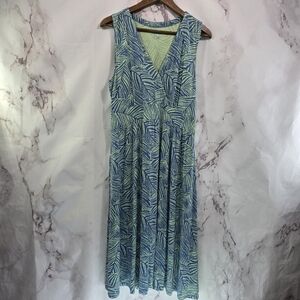 LL Bean Dress Womens Large Blue Green Maxi Sleeveless Tank Long Tropical Leaf V